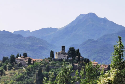 Barga – landscape with Cattedrale di San Cristoforo and background of Alpi Apuane