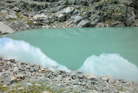 Fellaria Valmalenco – sky and peaks reflected in the green water left by the melting of the ice