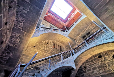 Castello di Verrès – the big staircase seen from the courtyard. Of course in the past the railing of the staircase was not present – BBofItaly